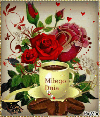 Miłego dnia kawa czerwone róże